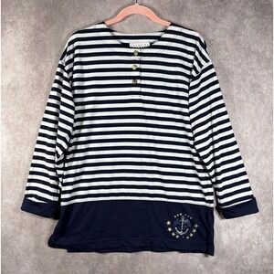 Vinatge Carolina Colours Top Womens S Navy Blue Striped Nautical Anchor‎ Henley